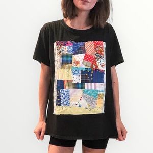 Custom quilt patch t shirt acid wash black handmade